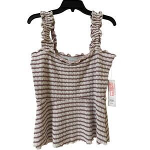 NWT Bunulu Large Top, Ruffled Tank Sleeves Fit and Flair Waist Mauve and Cream